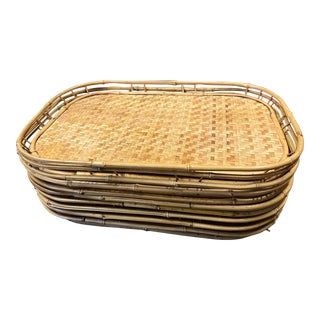 Vintage Mid Century Woven Rattan Stacking Serving Tiki Trays - a Set of 10 For Sale