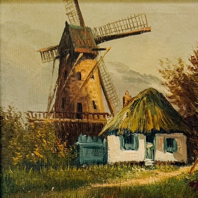Experience the tranquil charm of the Low Countries with this original mid-century oil painting. This atmospheric...