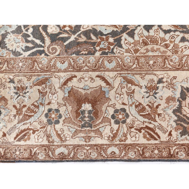 19th Century Persian Tabriz Dark Brown, Beige and Blue Handwoven Wool Rug For Sale - Image 11 of 12