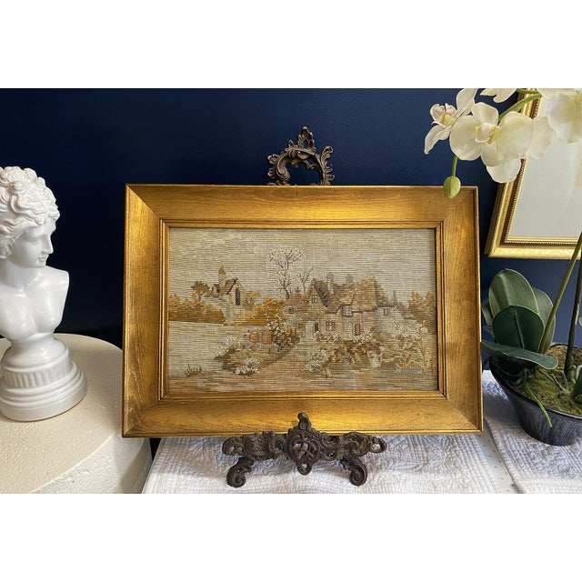 Gold C1900 Florentine Gilt Wood Framed Intricate Needlepoint-Pastoral Village 17x12 For Sale - Image 8 of 17