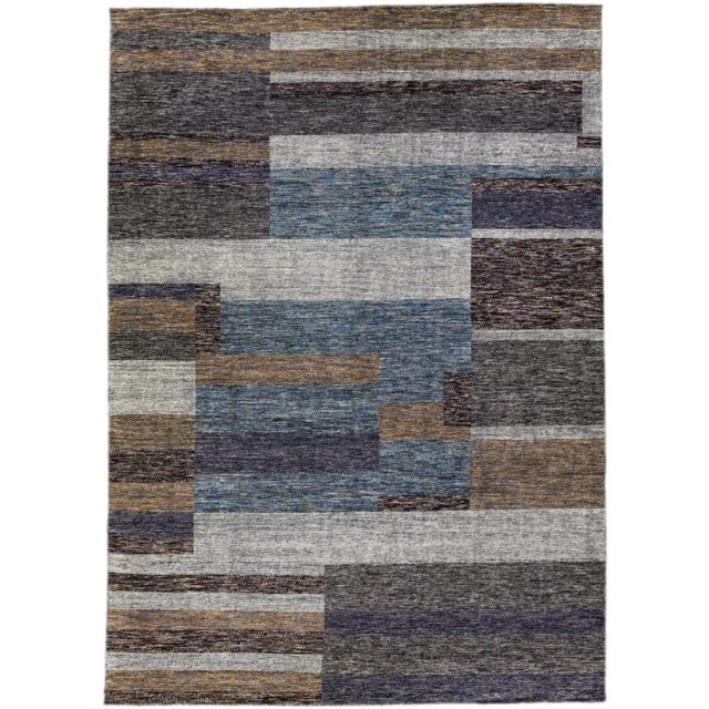 Modern Apadana's Safi Collection Handmade Earthy Tone Abstract Designed Wool Rug For Sale - Image 11 of 11