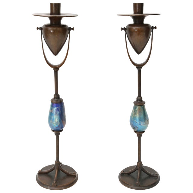 Bronze and Favrile Glass Candle Holders Candlesticks by Louis C. Tiffany Furnaces Inc. - a Pair For Sale