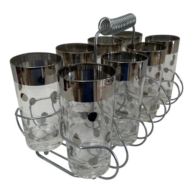 Mid 20th Century Dorothy Thorpe Silver Polka Dots Highball Glasses- Set of 8 in Carrier For Sale