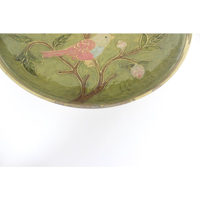 This bowl is very beautiful and well done. Vintage enamelled brass pedestal bowl with birds and flowers in olive green and...