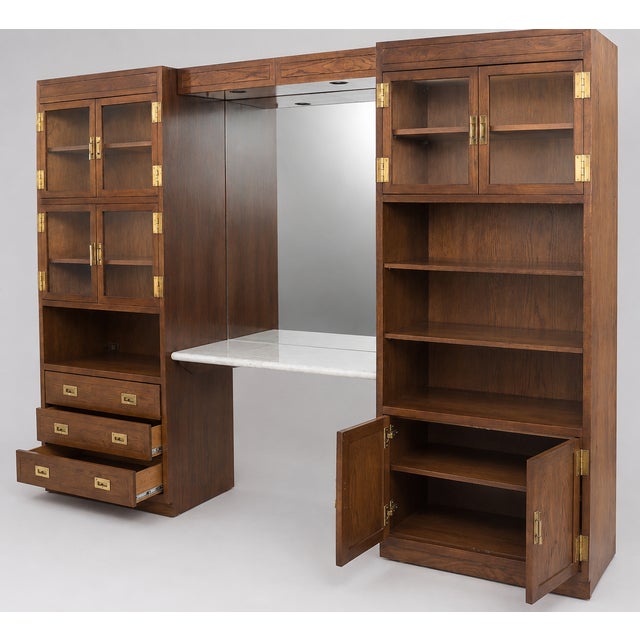 1970s Campaign Vintage Henredon Oak Wall Unit With Marble Counter and Mirrored Cabinets For Sale - Image 11 of 12