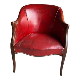 Early 20th Century Antique Louis XV Style Red Leather Armchair For Sale