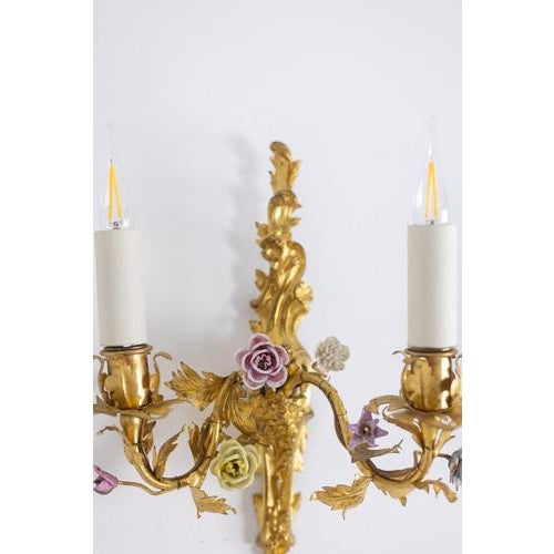 Metal Bronze Sconces with Flowers, 1880, Set of 2 For Sale - Image 7 of 12