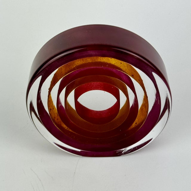 Glass 1980s Signed Vintage Modern Round Around Art Glass Sculpture With Layered Ribbons of Deep Orange & Purple For Sale - Image 7 of 10