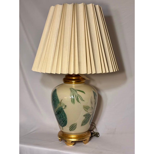 Charming porcelain faience table lamp with botanical illustrations. Probably English from the 1970's- original silk...