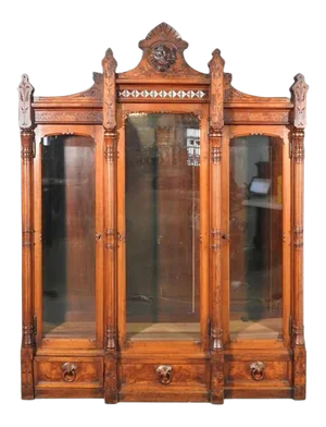 Daniel Pabst Walnut Renaissance Revival Victorian Three-Door Bookcase circa 1870