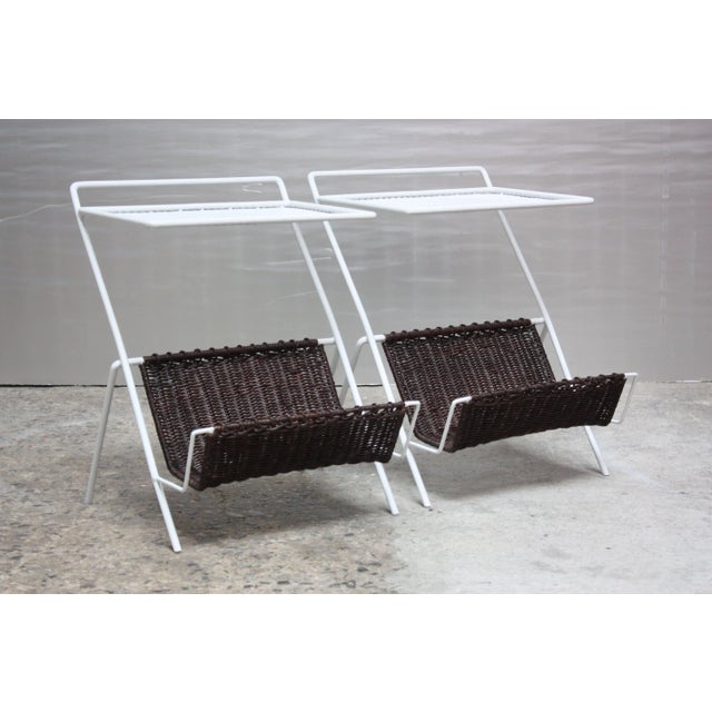 White Pair of French Metal and Rattan Magazine Tables by Mathieu Matégot For Sale - Image 8 of 13