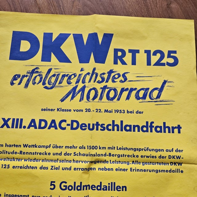 DKW RT 125 Motorcycle ADAC Germany Tour Poster, 1953, in Very Good conditions. Designed 1950 to 1959