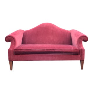 Last Chance! 2000s Ethan Allen Red Velvet Camelback Settee Loveseat For Sale