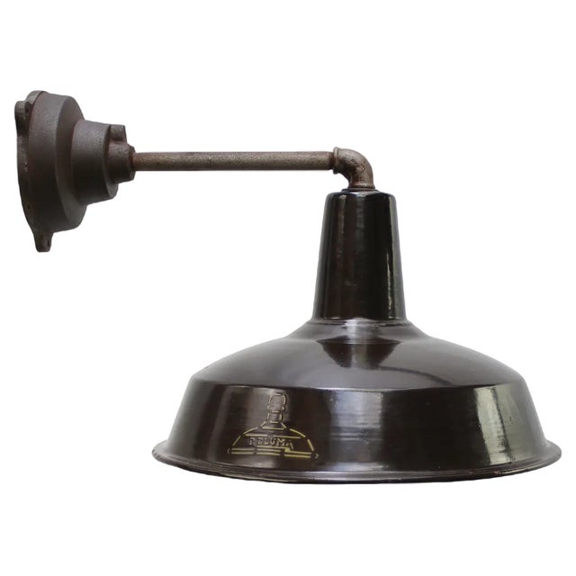 Vintage Industrial Dark Brown Enamel & Cast Iron Wall Lamp by Reluma, Belgium For Sale