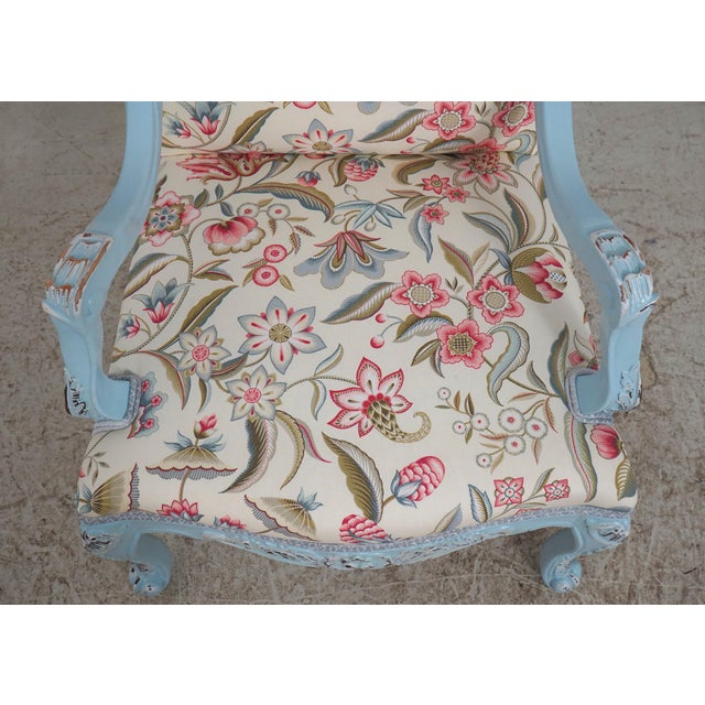 Pair of French Provincial Blue Frame Open Arm Chairs For Sale - Image 11 of 18