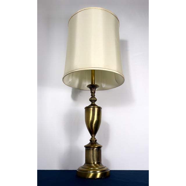 Stiffel Complete Stiffel Brass Torchiere With Original Waffle Weave Diffuser, Original Drum Shade and Finial For Sale - Image 4 of 13