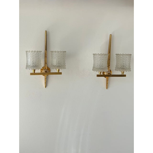 Double Wall Lights in Brass and Molded Glass from Maison Arlus, France, 1950, Set of 2 For Sale - Image 4 of 7
