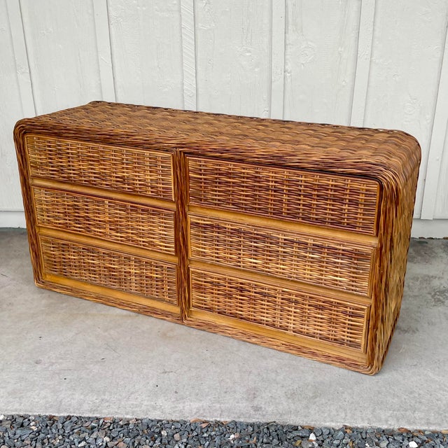 Wood 1970s Coastal Wicker Waterfall Double Dresser For Sale - Image 7 of 11