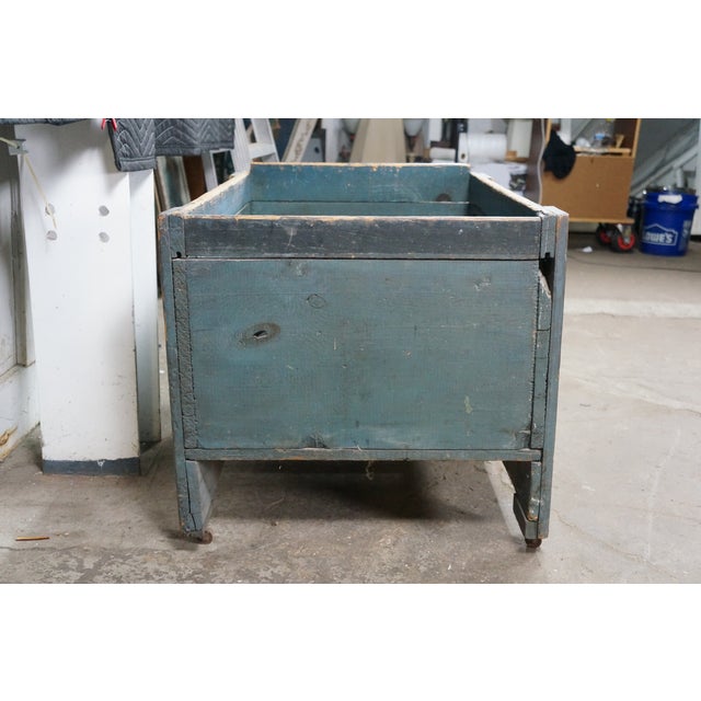 Antique Primitive Pine Bin Teal Blue Milk Paint Wood Storage Rolling Crate Box For Sale - Image 9 of 16