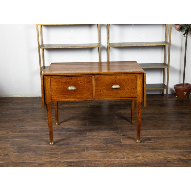 19th Century English 19th Century Oak Drop Leaves Draper's Table with Brass Measuring Tape For Sale - Image 5 of 12