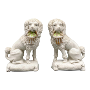 20th C Miniature Staffordshire-Style Poodle Figurines With Baskets – Victorian / English Cottage – White Glaze Mantel Dogs – Pair