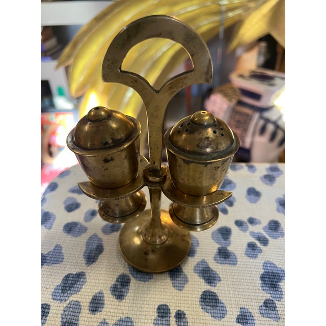 1970s Pair of Brass Salt and Pepper Shakers on Stand For Sale - Image 4 of 8