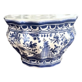 Vintage Petite Blue & White Ceramic Bough Pot / Floral Arranger / Flower Frog / Tulipiere / Wall Pocket / Vase, Made in Portugal For Sale