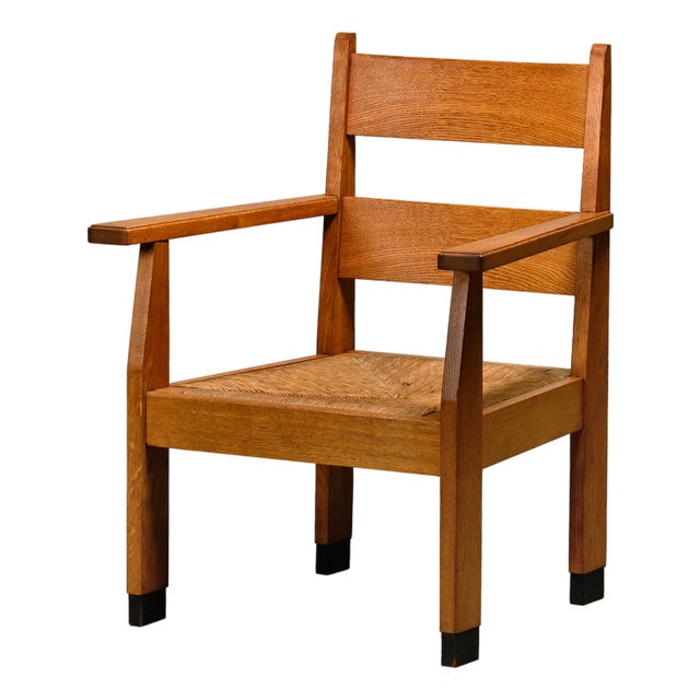 Dutch Art Deco the Hague School Armchair in Oak and Straw, 1930s For Sale