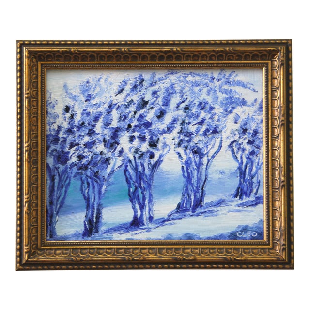 Trees Botanical Hedgerow Blue and White Impressionist Abstract Chinoiserie Original Oil Painting by Cleo Plowden For Sale