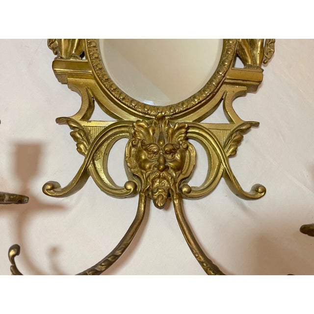Pair Large Ornate Vintage Solid Brass Figural Cherub Wall Mirror Sconce Fixtures For Sale - Image 11 of 12