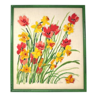 Vintage Poppies and Daffodils Crewel Work Needlepoint in Green Faux Bamboo Frame For Sale