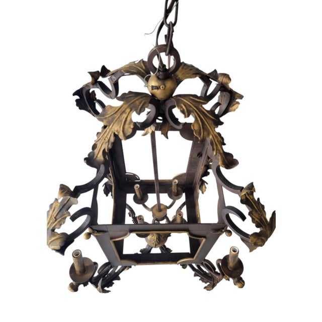 Huge Vintage Florentine Gold Gilt & Dark Iron Acanthus Leaf 8-Light Lantern Chandelier For Sale In West Palm - Image 6 of 9