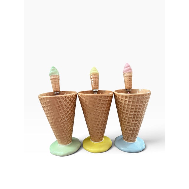 Traditional Vintage Ceramic Ice Cream Cone Dessert Cups & Spoons, Pastel Set of 3 For Sale - Image 3 of 6