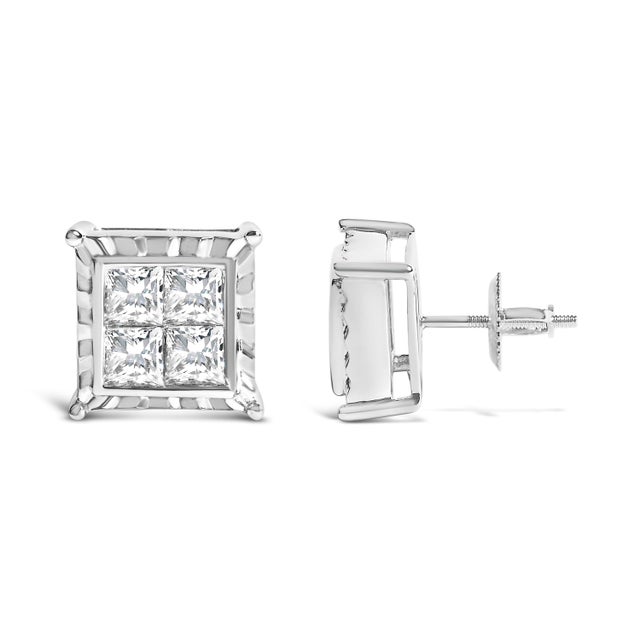 Contemporary 14K White Gold 2.00 Cttw Invisible Set Princess-Cut Lab Grown Diamond Wavy Quad Stud Earrings For Sale - Image 3 of 6