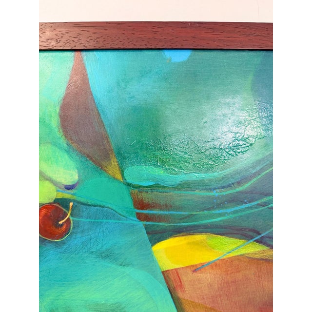 Late 20th Century Framed Original Abstract Acrylic Painting Teal Green Still Life Art, Wood Frame For Sale - Image 10 of 14