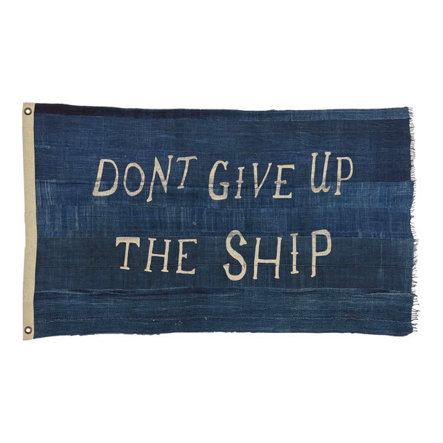 Large Patchwork Indigo Flag, Don't Give Up the Ship, Unique For Sale