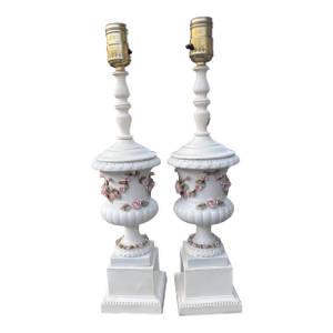 1950's White Boudoir Porcelain Lamps With 3-Dimensional Pink Roses and Green Leaves- A Pair