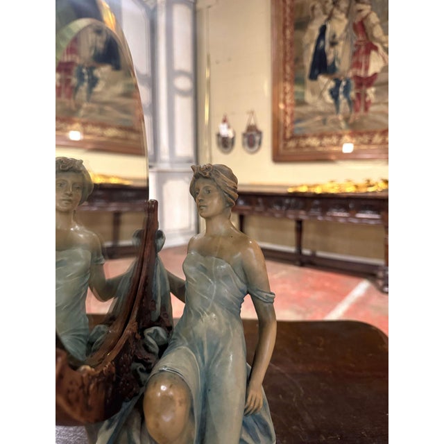 Art Nouveau Early 20th Century Czech Painted Bohemian Figural Vanity Mirror Signed Schloop For Sale - Image 3 of 8