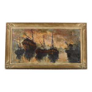 Antique Signed Michel Girard Busy Harbor Oil on Canvas