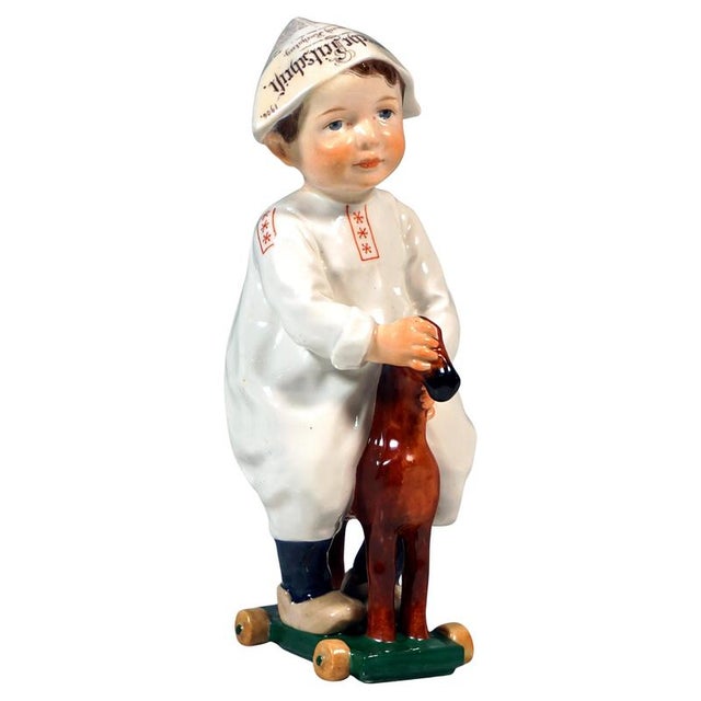 Ceramic Art Nouveau Hentschelkind Boy Riding on Wooden Horse Figurine, 1906 For Sale - Image 7 of 7