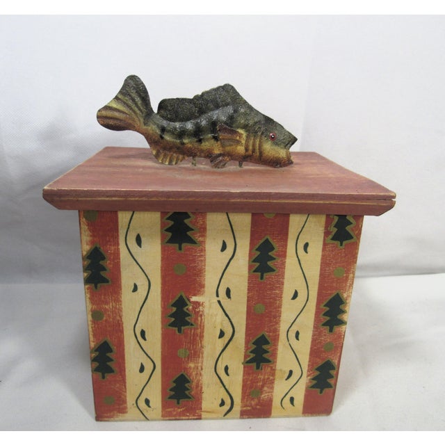 Mid 20th Century Vintage Rustic Man-Cave Decor Wooden Box With Fish on Top For Sale - Image 5 of 9