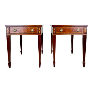 Vintage Hepplewhite Flame Grain Mahogany & Inlay Side Tables by Hekman For Sale