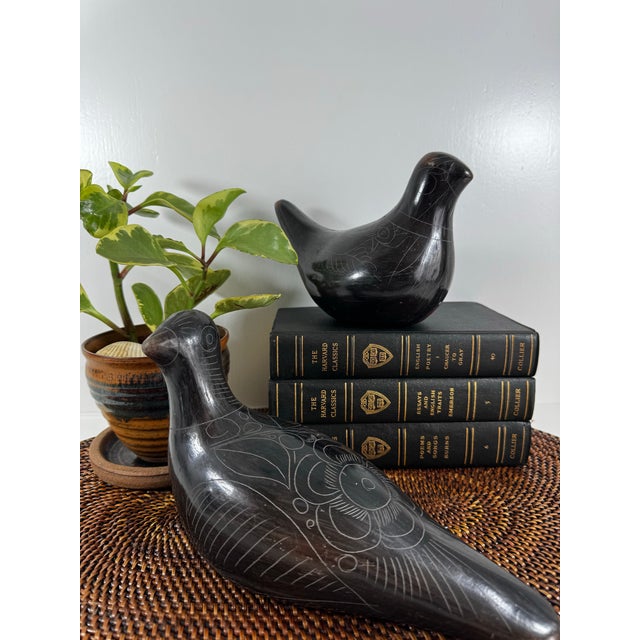 Pair of Vintage Mexican Black Clay Bird Sculptures, Mid-Century Folk Art For Sale - Image 4 of 12