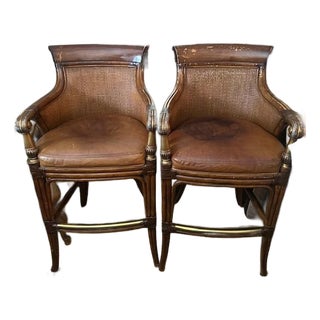 Ethan Allen Leather-Cushioned Woven Rattan Bar Stools For Sale