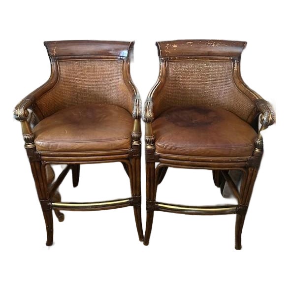 Ethan Allen Leather-Cushioned Woven Rattan Bar Stools For Sale