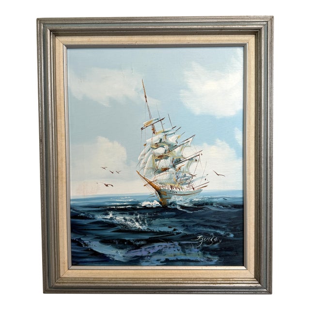 Late 20th Century Listed Artist Hewett Jackson Original Oil Painting | Tall Ship Seascape | Framed For Sale
