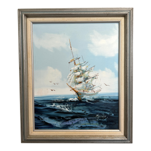 Late 20th Century Listed Artist Hewett Jackson Original Oil Painting | Tall Ship Seascape | Framed