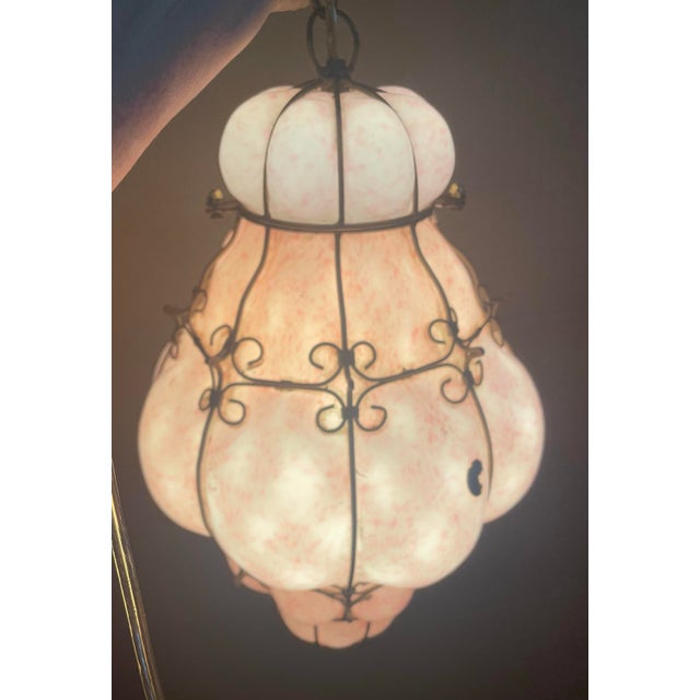 Glass Mid 20th Century Mid Century Modern Italian Mottled Pink Cased Glass Caged Pendant Light Lantern For Sale - Image 7 of 12