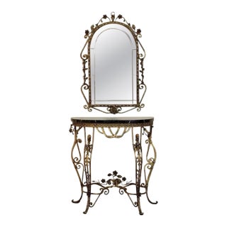 1920s Oscar Bach Gilded Iron Console and Beveled Mirror Set With Black Marble Top, Attributed For Sale