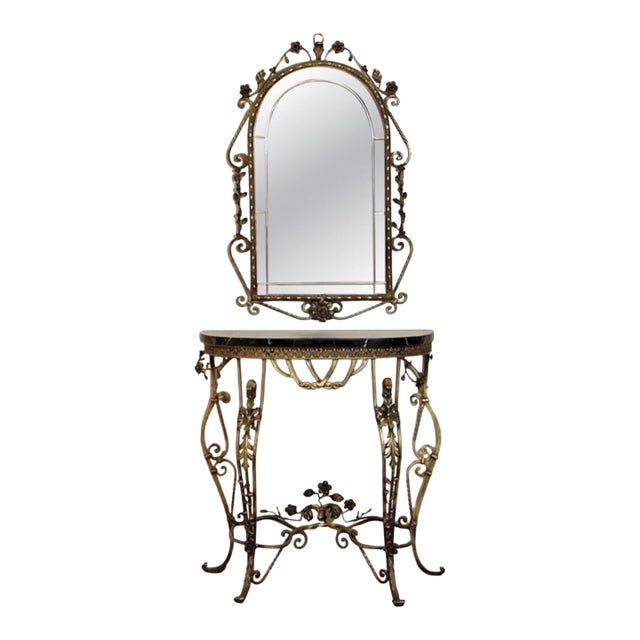 1920s Oscar Bach Gilded Iron Console and Beveled Mirror Set With Black Marble Top, Attributed For Sale